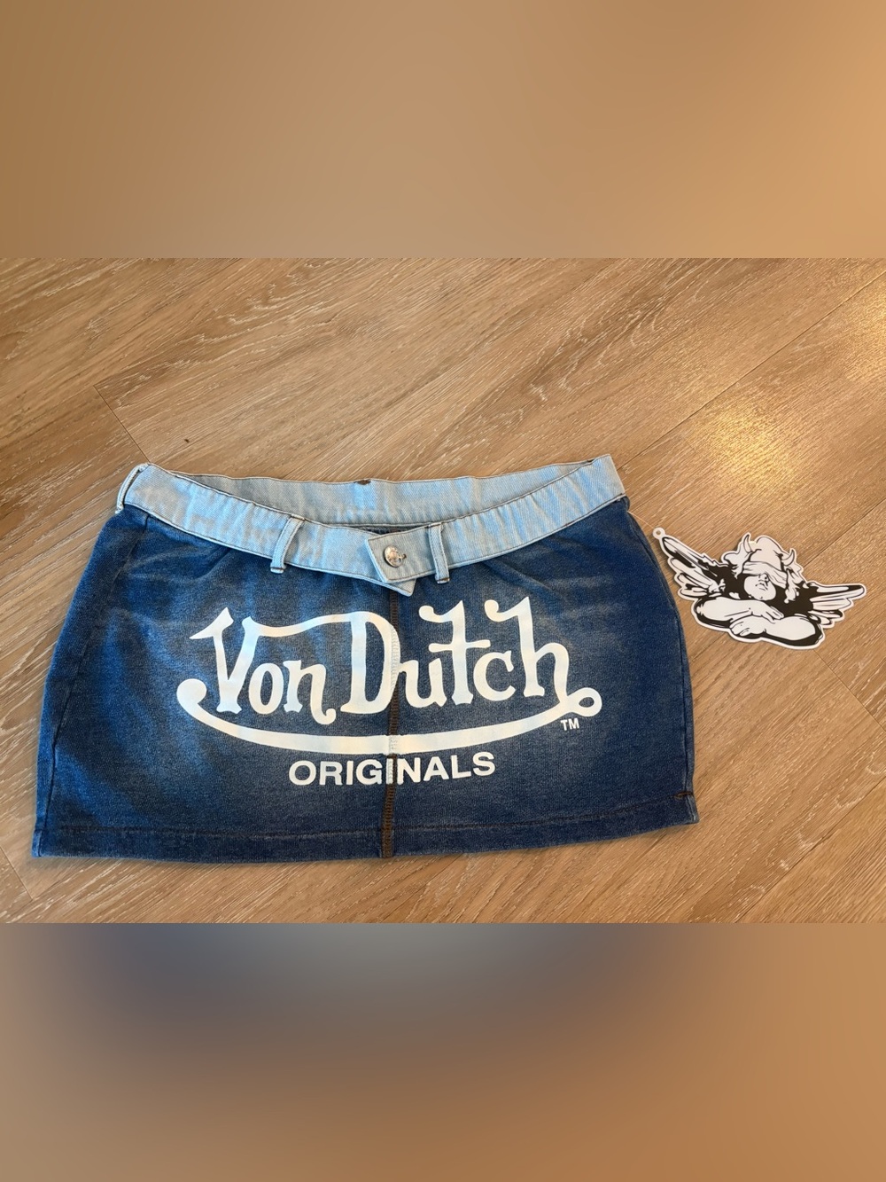 Von Dutch Two-Tone Blue Denim Mini Skirt with White Logo